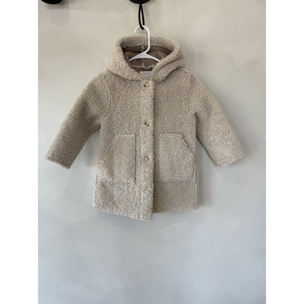 Zara Hooded Teddy Coat Beige Cream Size 6 Girls Youth Button Up Jacket Warm